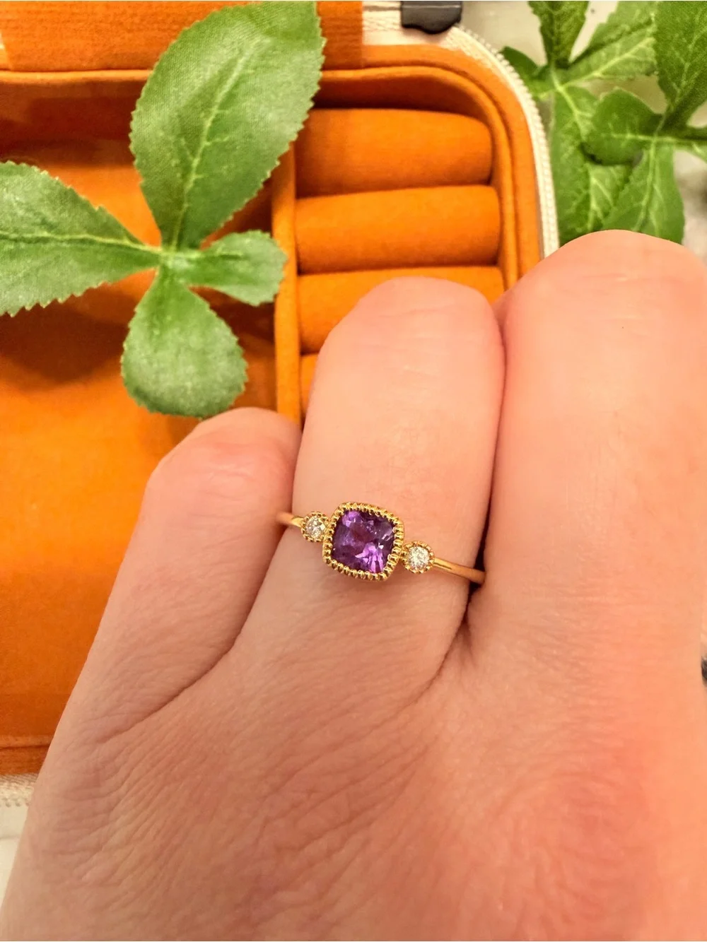 Purple Cushion Cut Gemstone Ring in Gold Setting